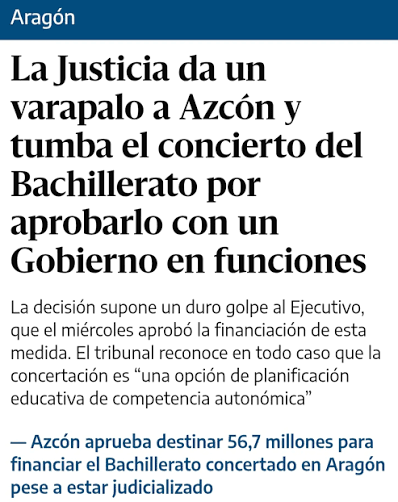 El TSJA suspende cautelarmente la concertación del Bachillerato en Aragón al aprobarse con el Gobierno en funciones